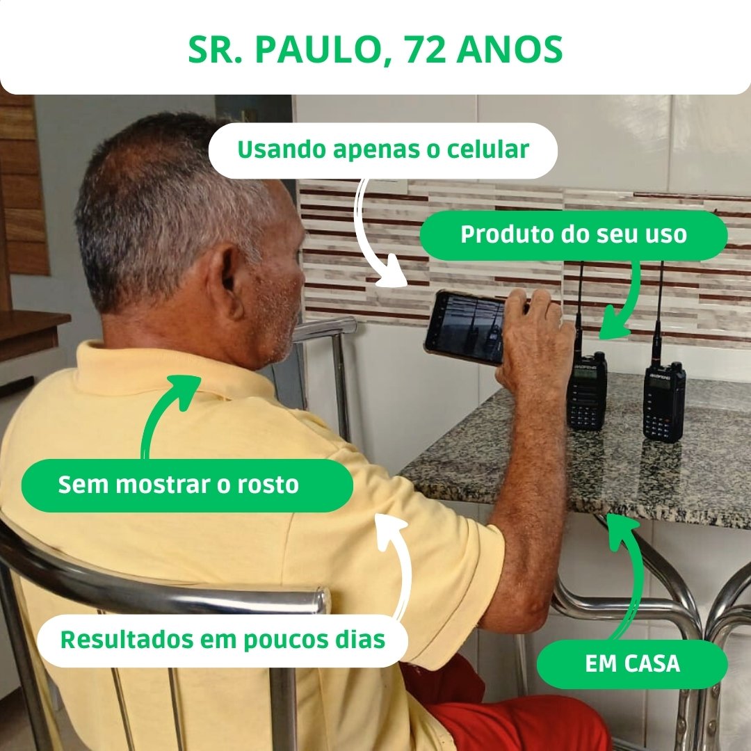 Sr. Paulo, 72 anos, pai do Gustavo, aplicando o Método Direto ao Produto